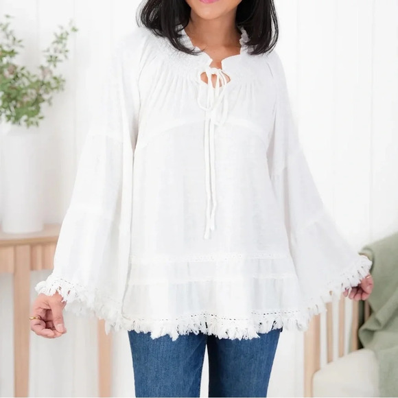 POL Long Sleeve Ruffle Neck Top With Tassel Detail - Picture 7 of 7